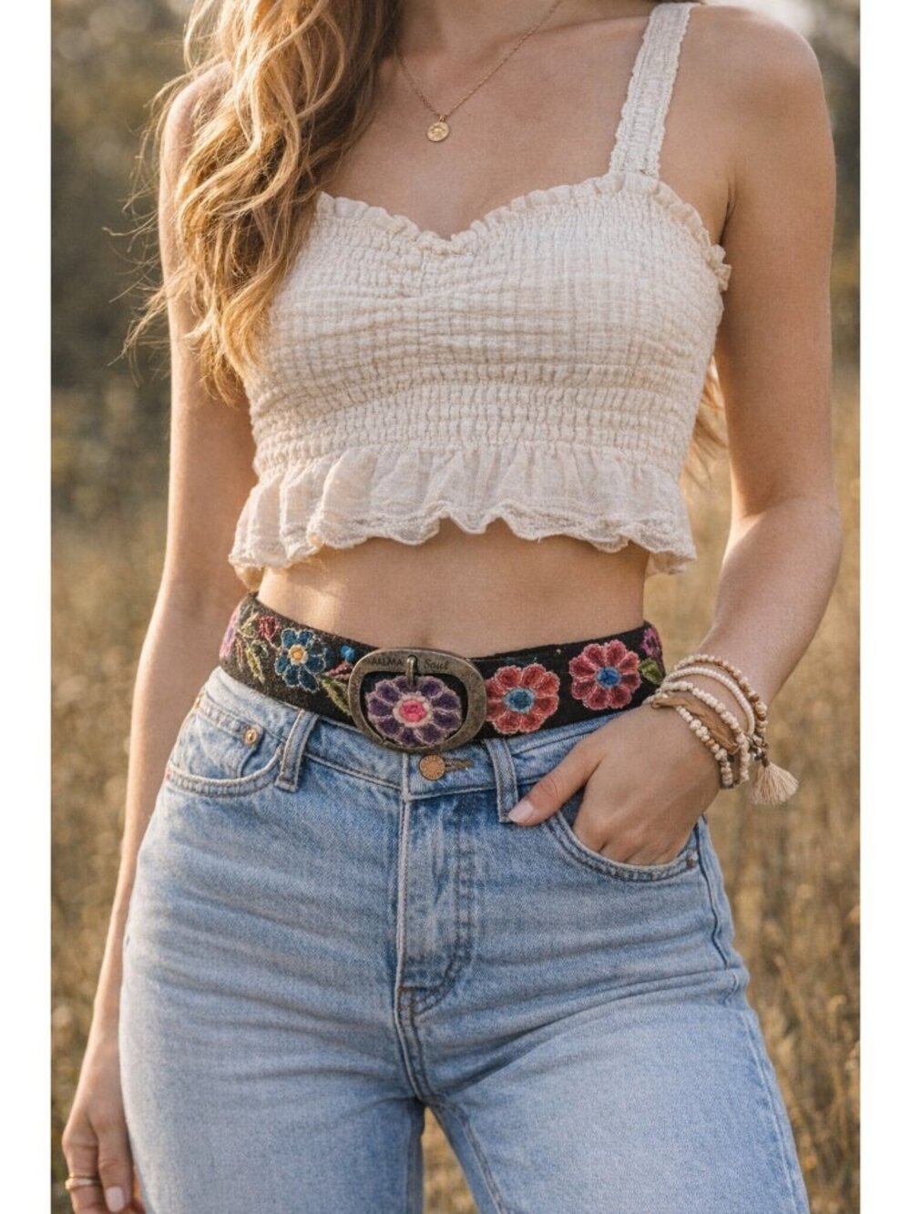 Alma Soul Wool Embroidered Floral Belt Peru Boho Hippie Black Small